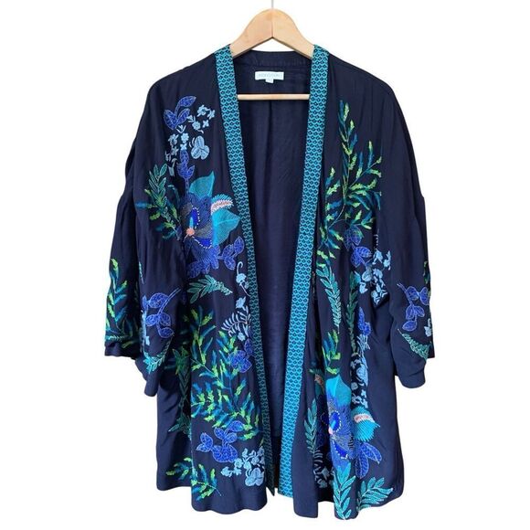 Monsoon Elliah Embroidered Open Kimono Navy Size L - Picture 3 of 12